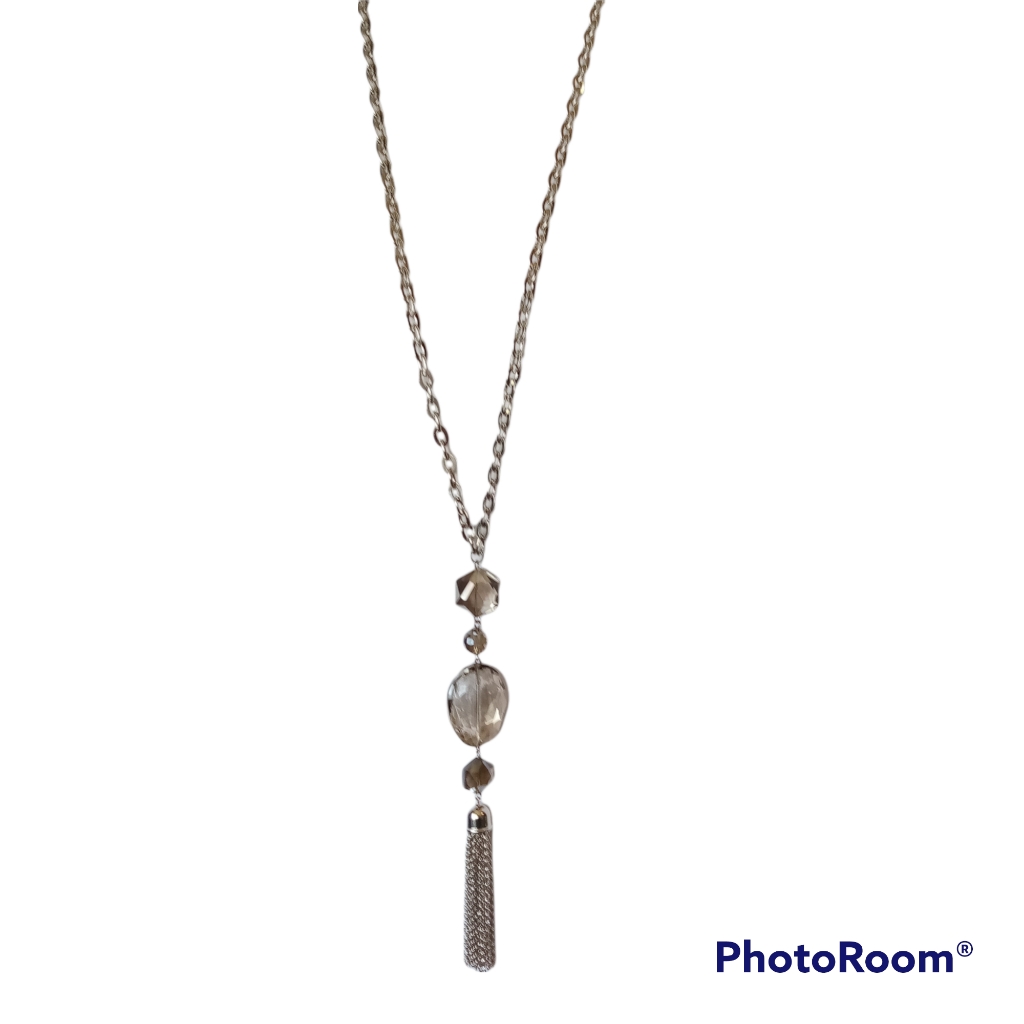 Silver Chunky Chain Clear Gem Tassel Necklace Nwt New Lobster Clasp Adjustable 28$